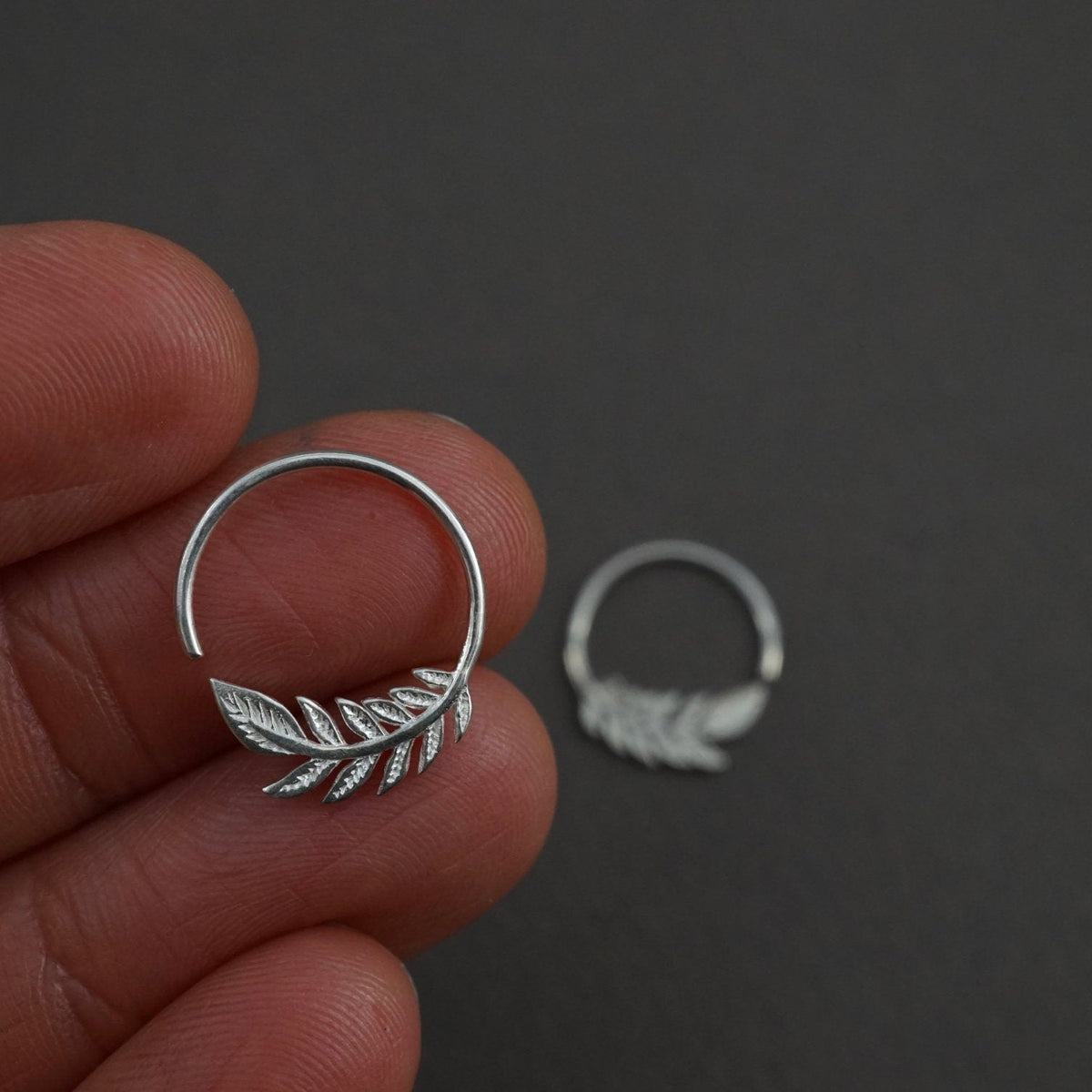 Tiny Leaf Hoop Earrings - Nature Jewelry - 14mm Olive Leaf Huggies