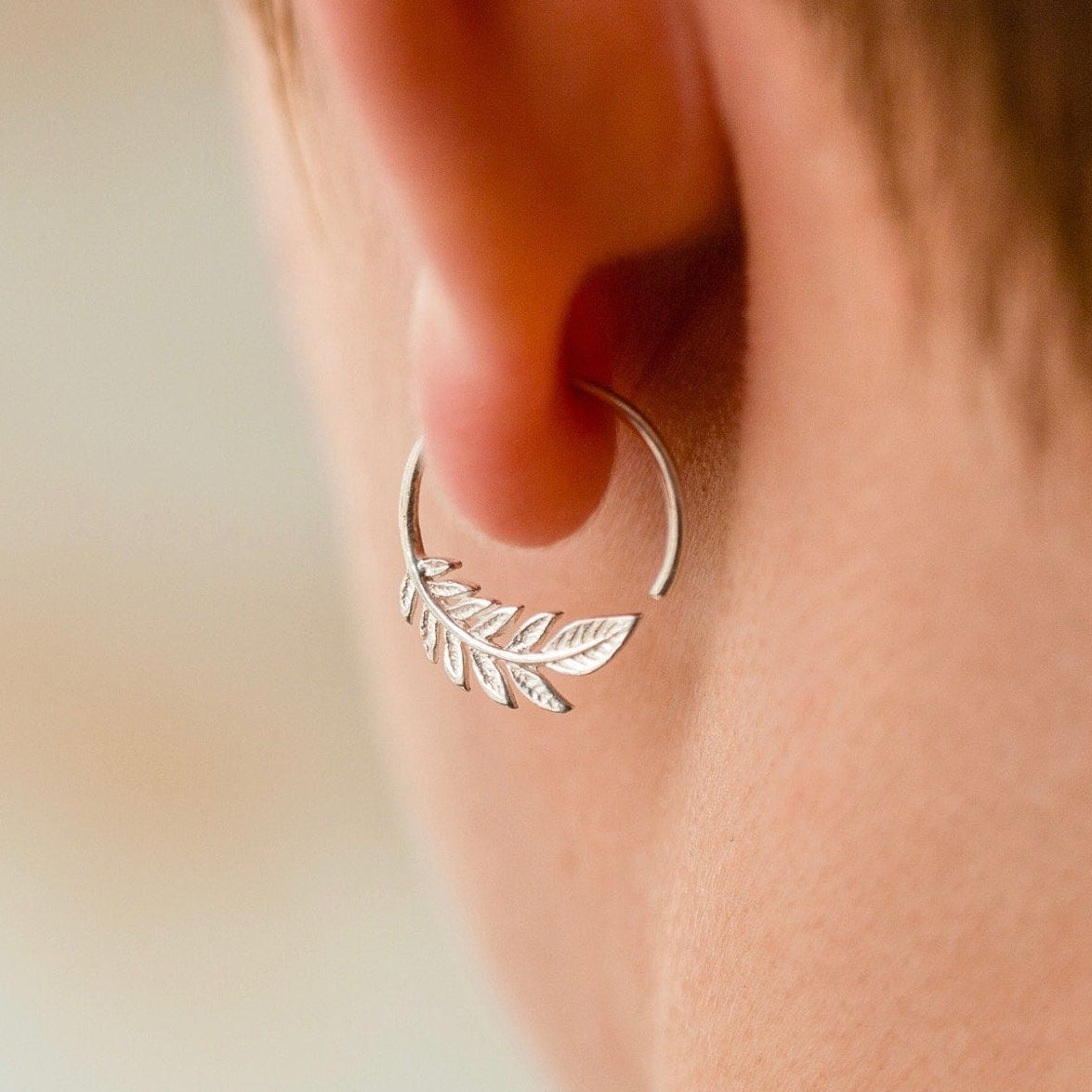 Tiny Leaf Hoop Earrings - Nature Jewelry - 14mm Olive Leaf Huggies