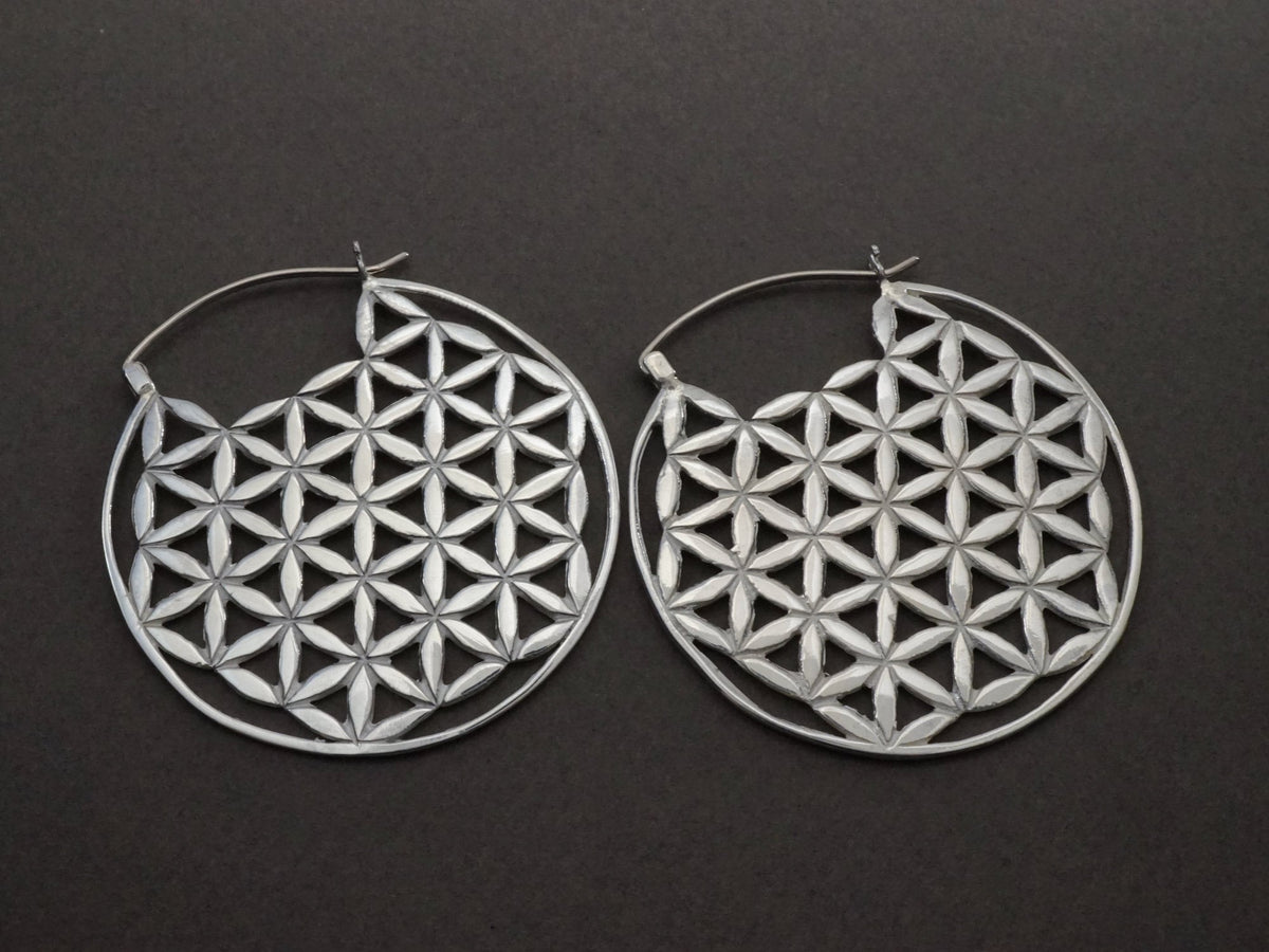 Flower of Life Earrings - Sacred Geometry Boho Hoops - solid sterling silver