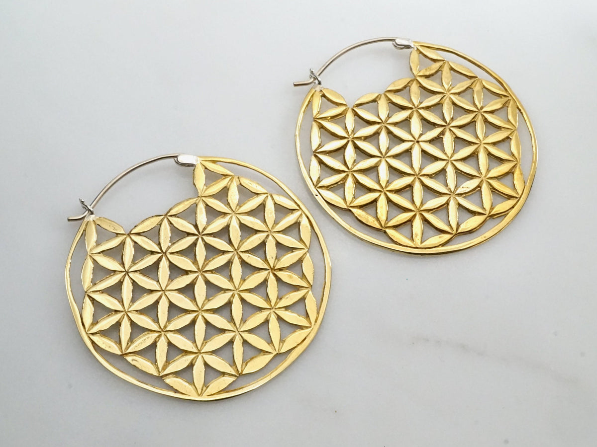 Flower of Life Earrings - Sacred Geometry Boho Hoops - solid sterling silver