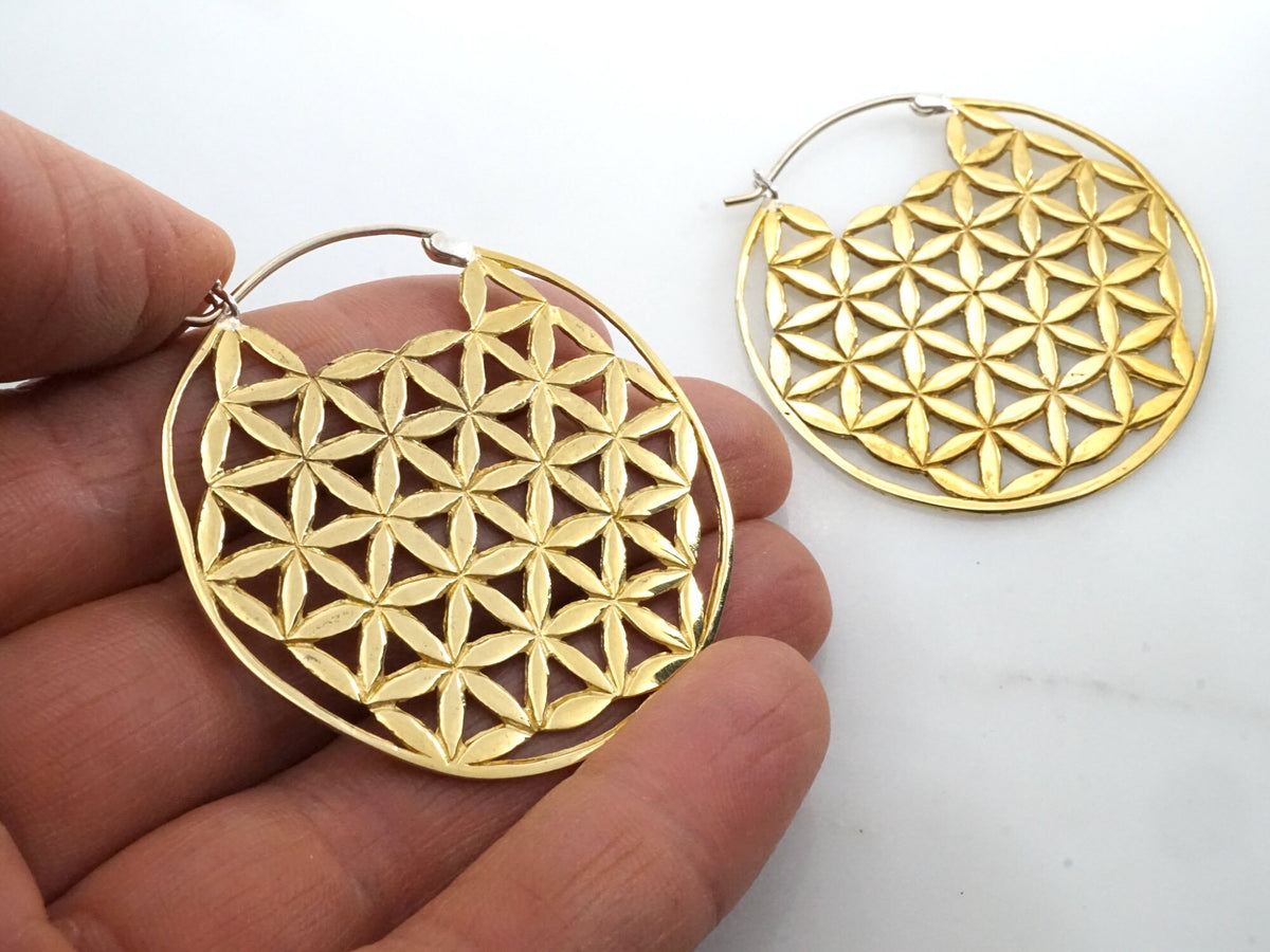 Flower of Life Earrings - Sacred Geometry Boho Hoops - solid sterling silver