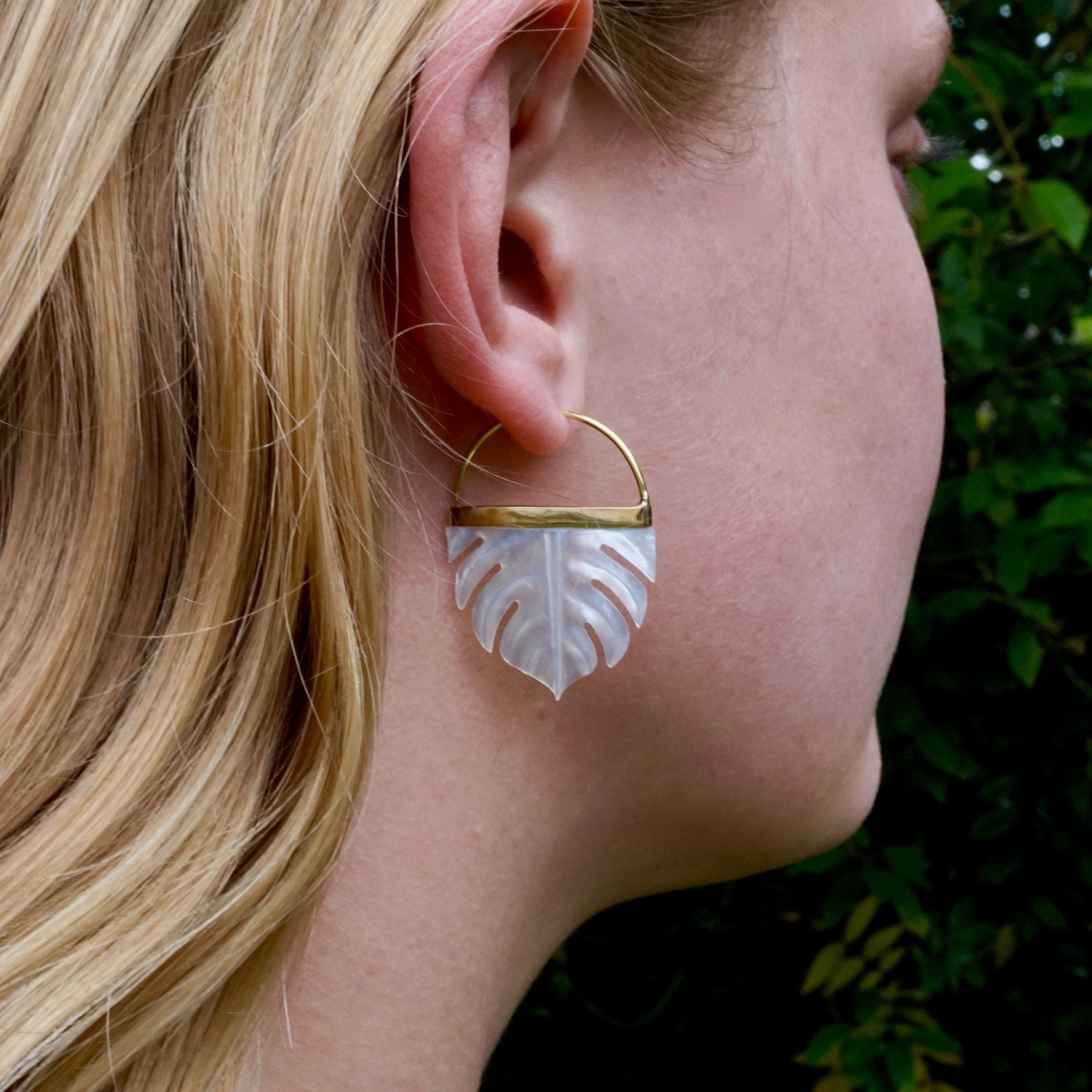 Tropical Leaf Earrings in mother of pearl with sterling silver bezel (S254)
