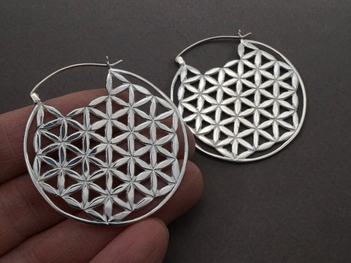Flower of Life Earrings - Sacred Geometry Boho Hoops - solid sterling silver