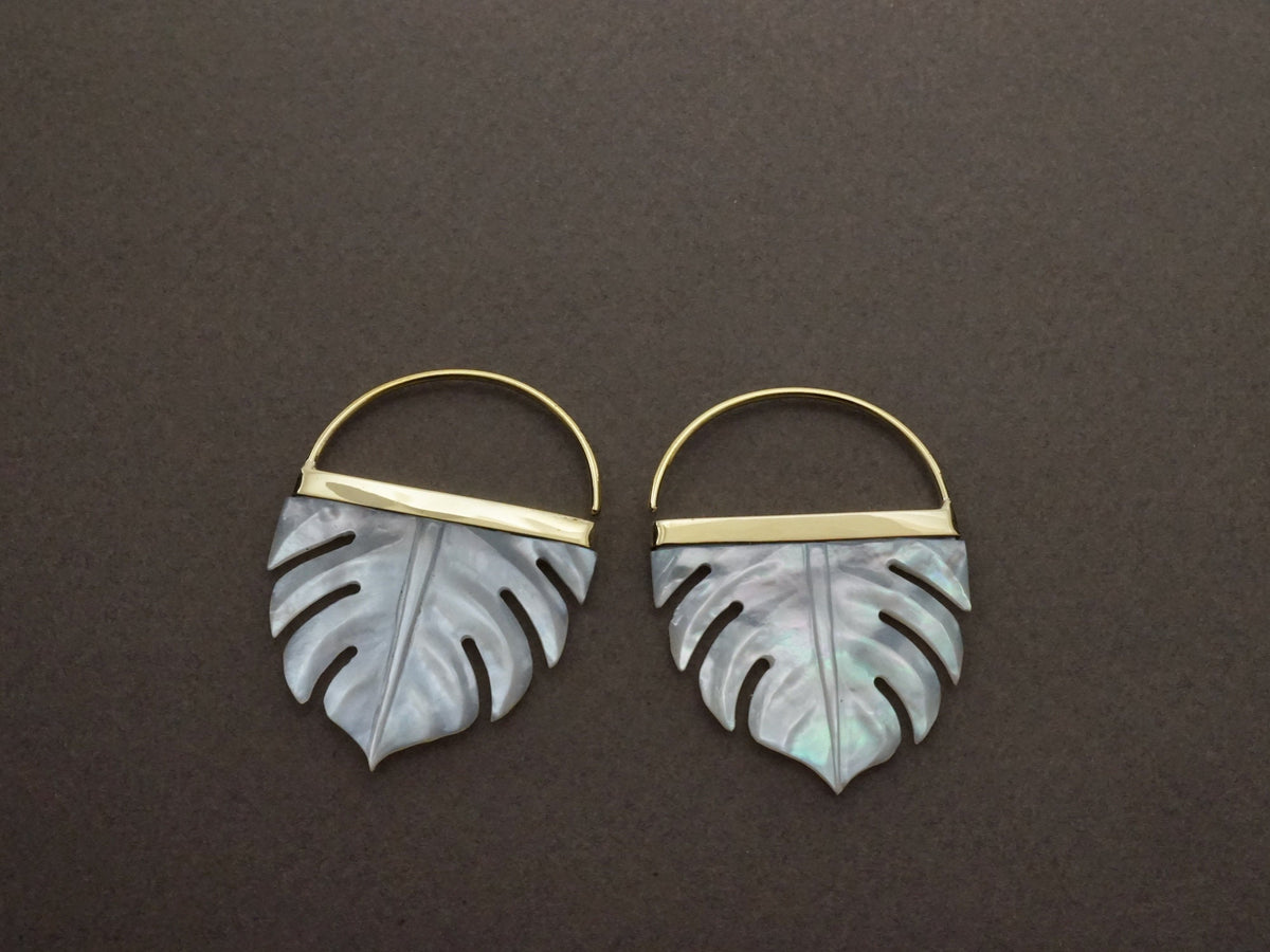 Tropical Leaf Earrings in mother of pearl with sterling silver bezel (S254)