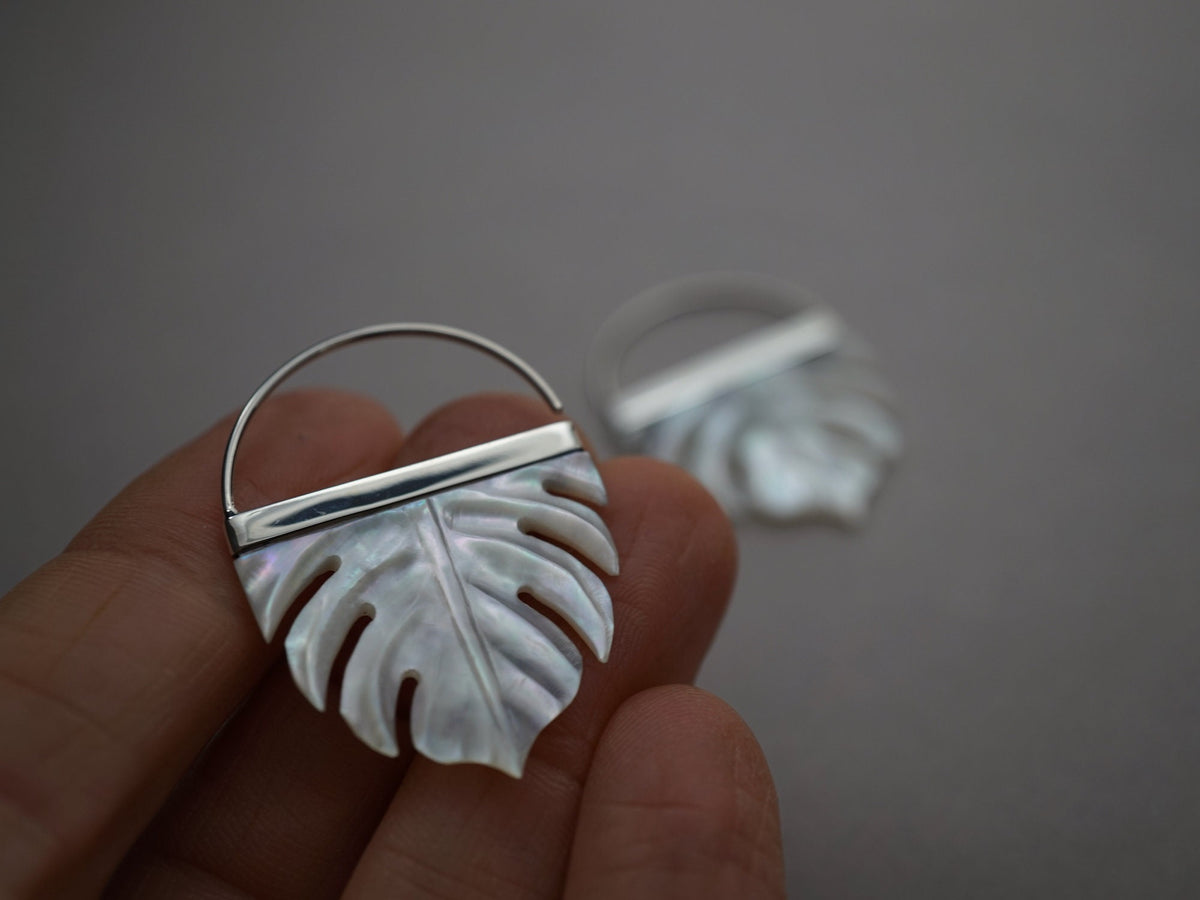 Tropical Leaf Earrings in mother of pearl with sterling silver bezel (S254)