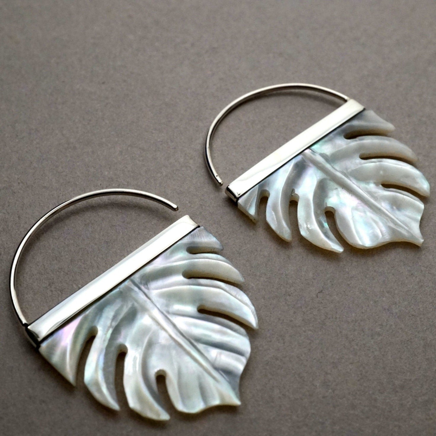 Tropical Leaf Earrings in mother of pearl with sterling silver bezel (S254)