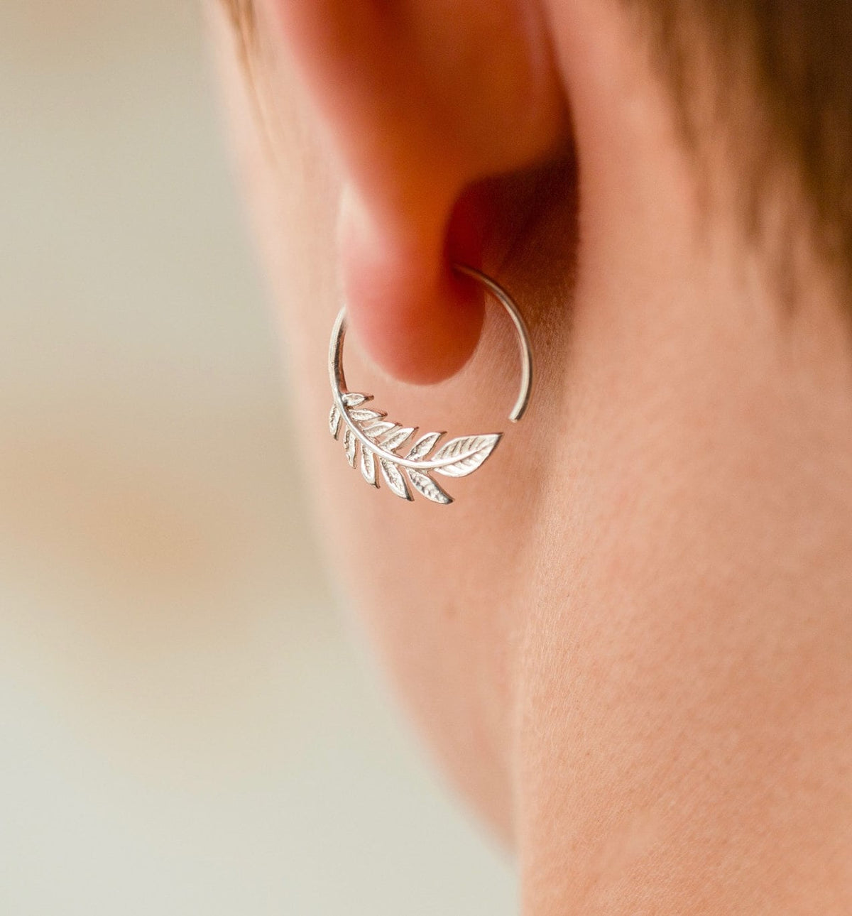 Tiny Leaf Hoop Earrings - Gold & Sterling Silver - 14mm Olive Leaf Sleeper Hoops (232GP)