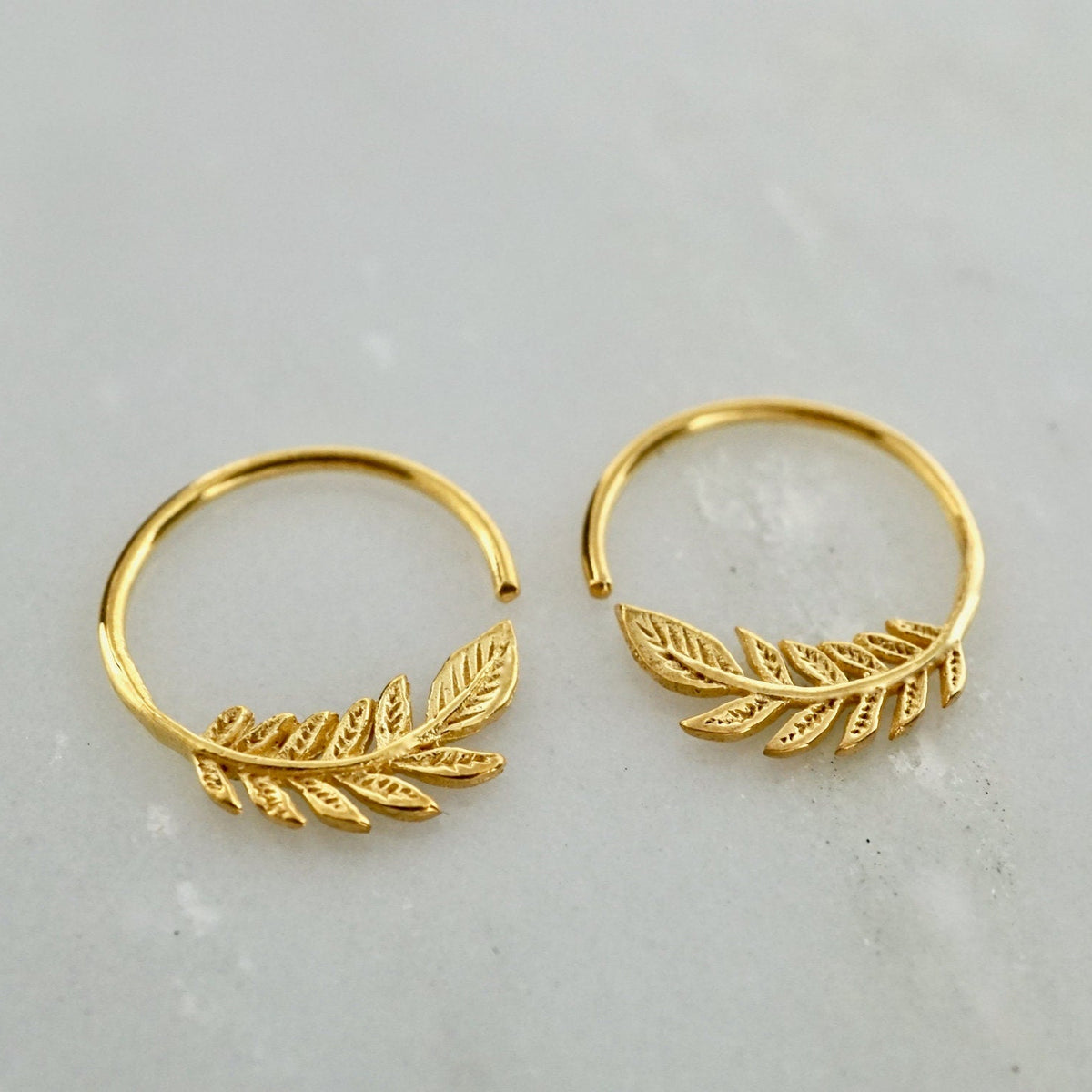 Tiny Leaf Hoop Earrings - Gold & Sterling Silver - 14mm Olive Leaf Sleeper Hoops (232GP)