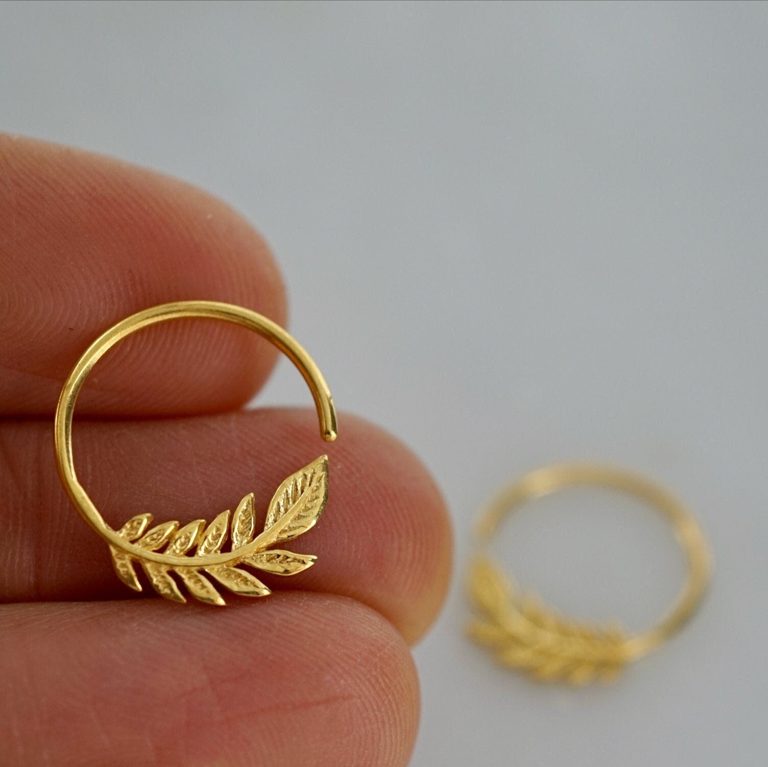 Tiny Leaf Hoop Earrings - Gold & Sterling Silver - 14mm Olive Leaf Sleeper Hoops (232GP)