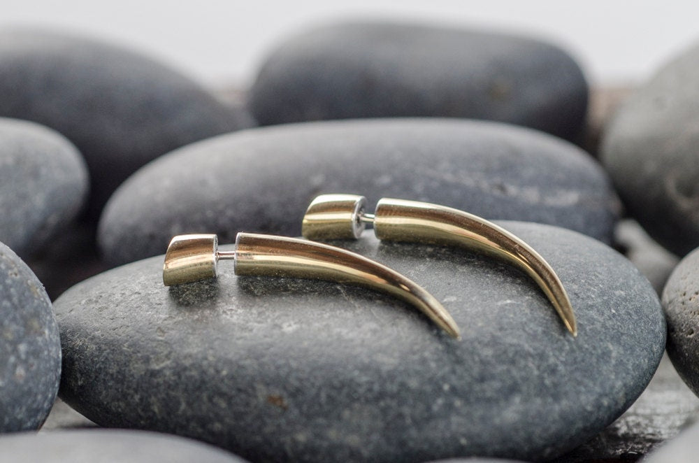 Fake Gauges - Tribal Talon Earrings - Gold Tone Spike - Claw Jewelry - Men's Unisex Earrings (B65)