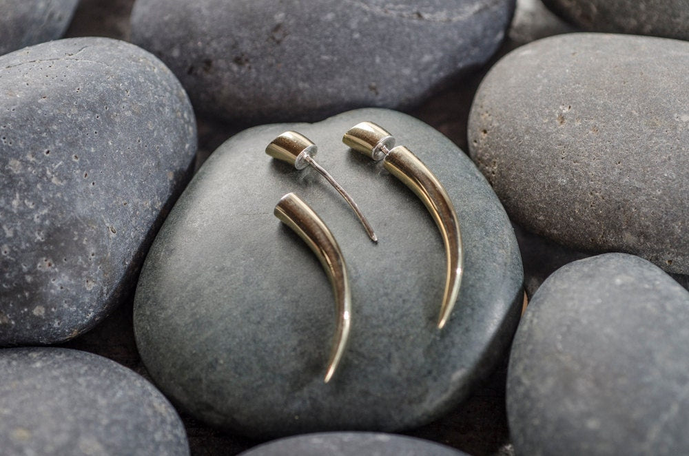 Fake Gauges - Tribal Talon Earrings - Gold Tone Spike - Claw Jewelry - Men's Unisex Earrings (B65)