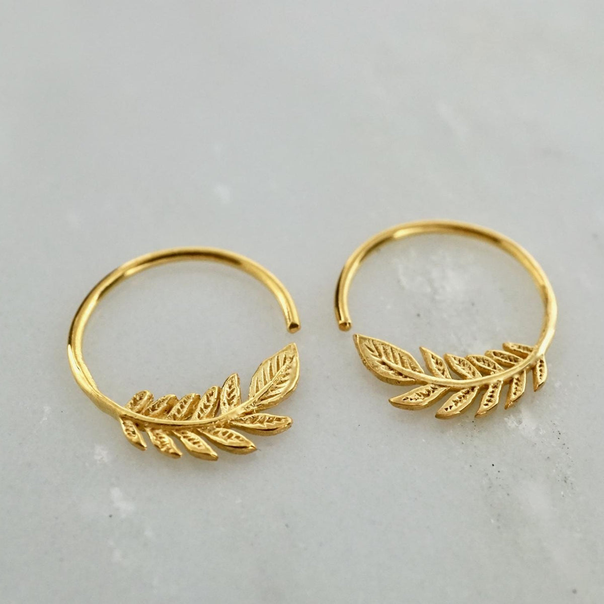 Tiny Leaf Hoop Earrings - Nature Jewelry - 14mm Olive Leaf Huggies