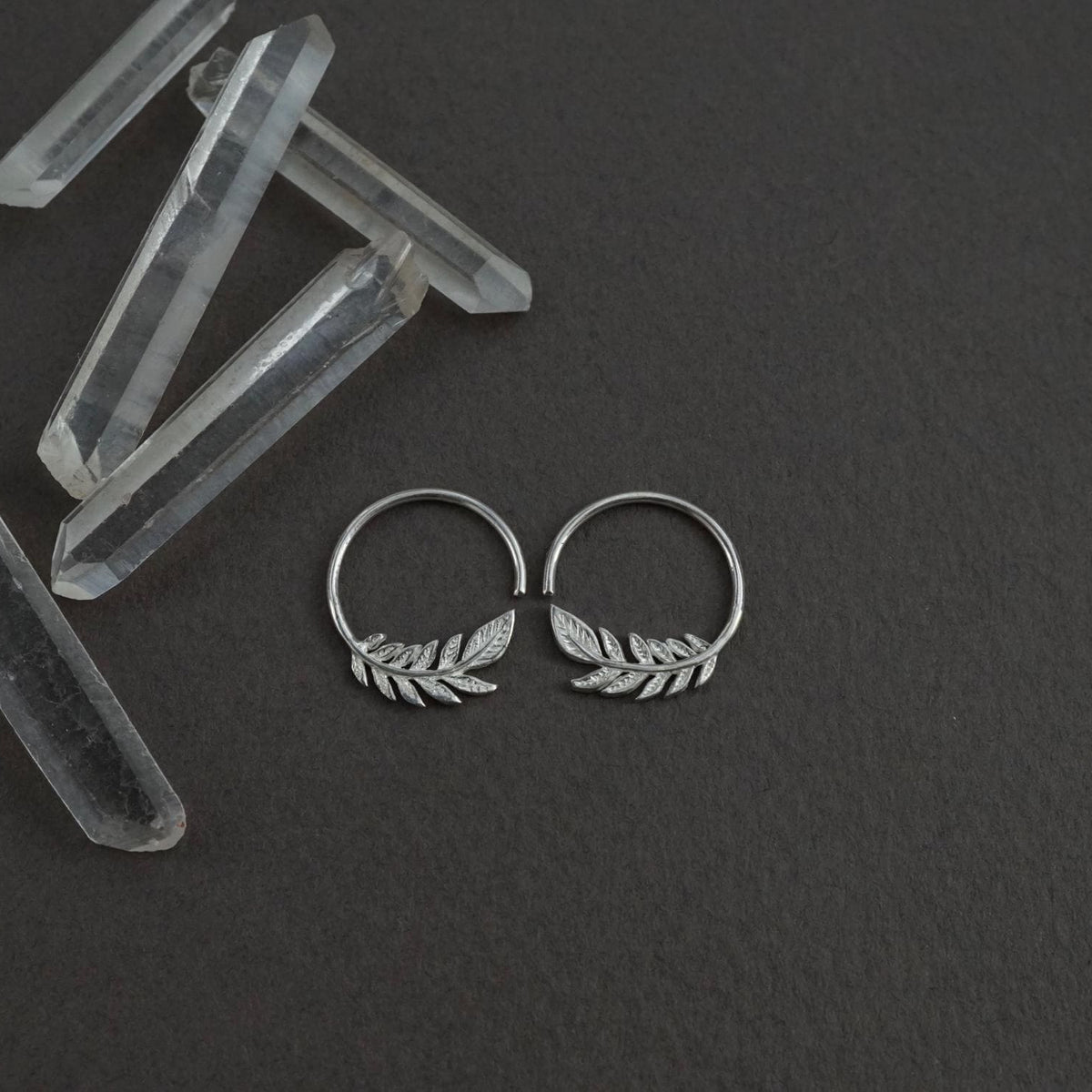 Tiny Leaf Hoop Earrings - Nature Jewelry - 14mm Olive Leaf Huggies