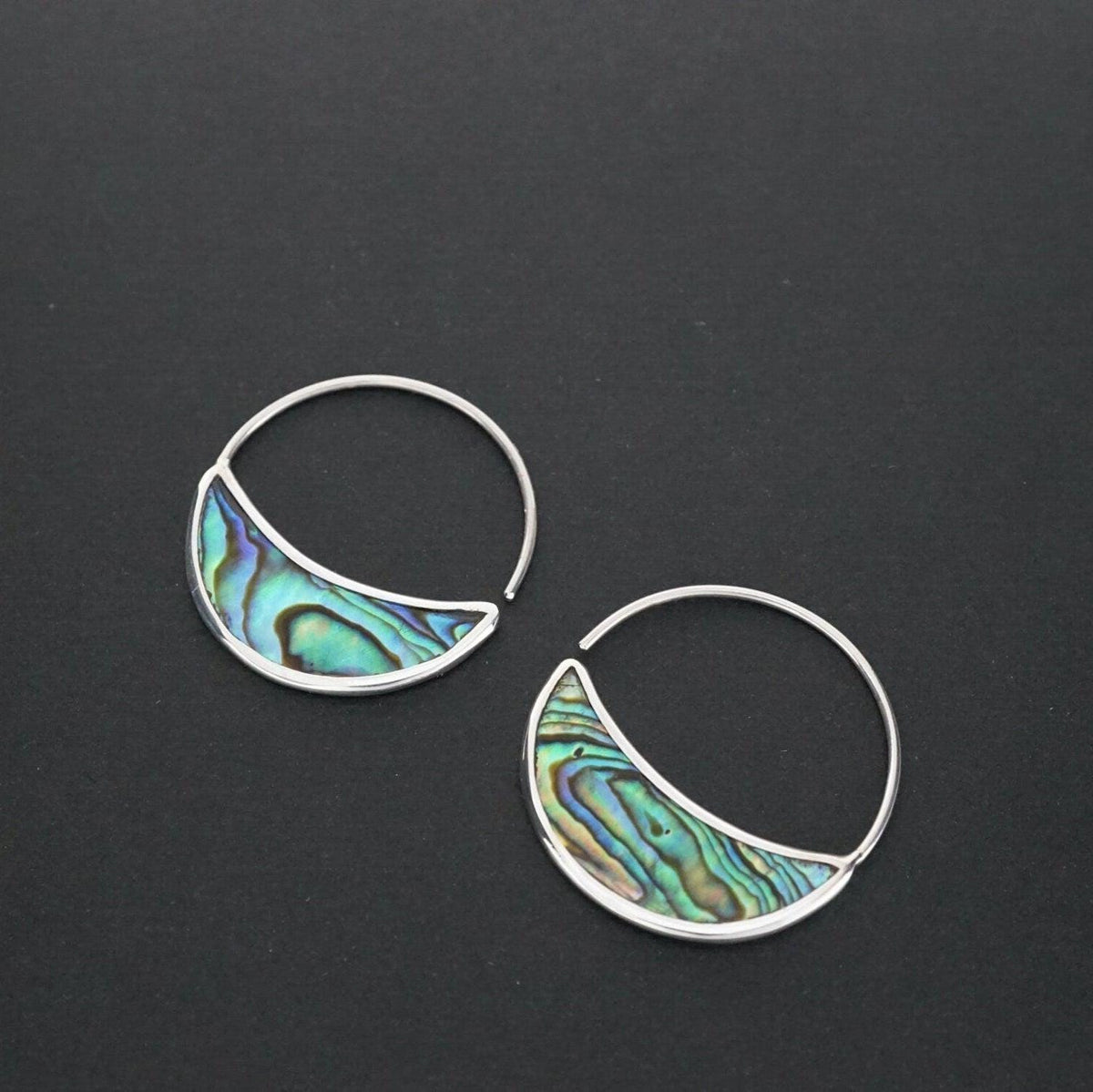 Abalone Crescent Moon Hoops Earrings with Sterling Silver bezel and Ear-wire. 2.5 cm diameter hoop.