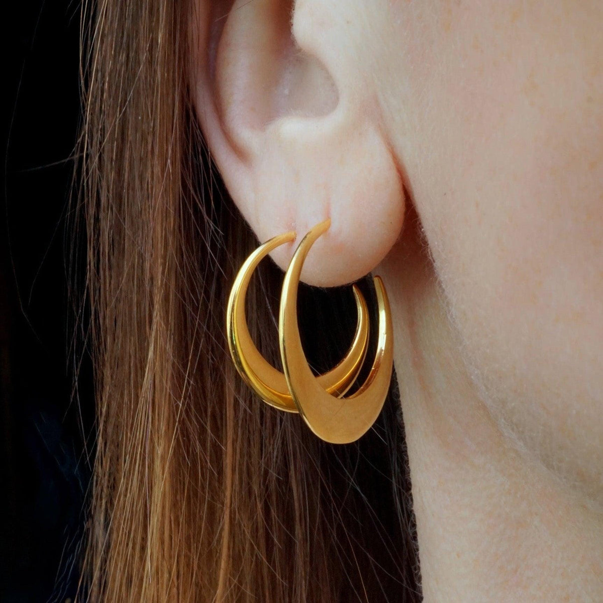 Crescent Moon Hoop Earrings Set – Double Piercing, Sterling Silver or Thick 18K Gold Plated