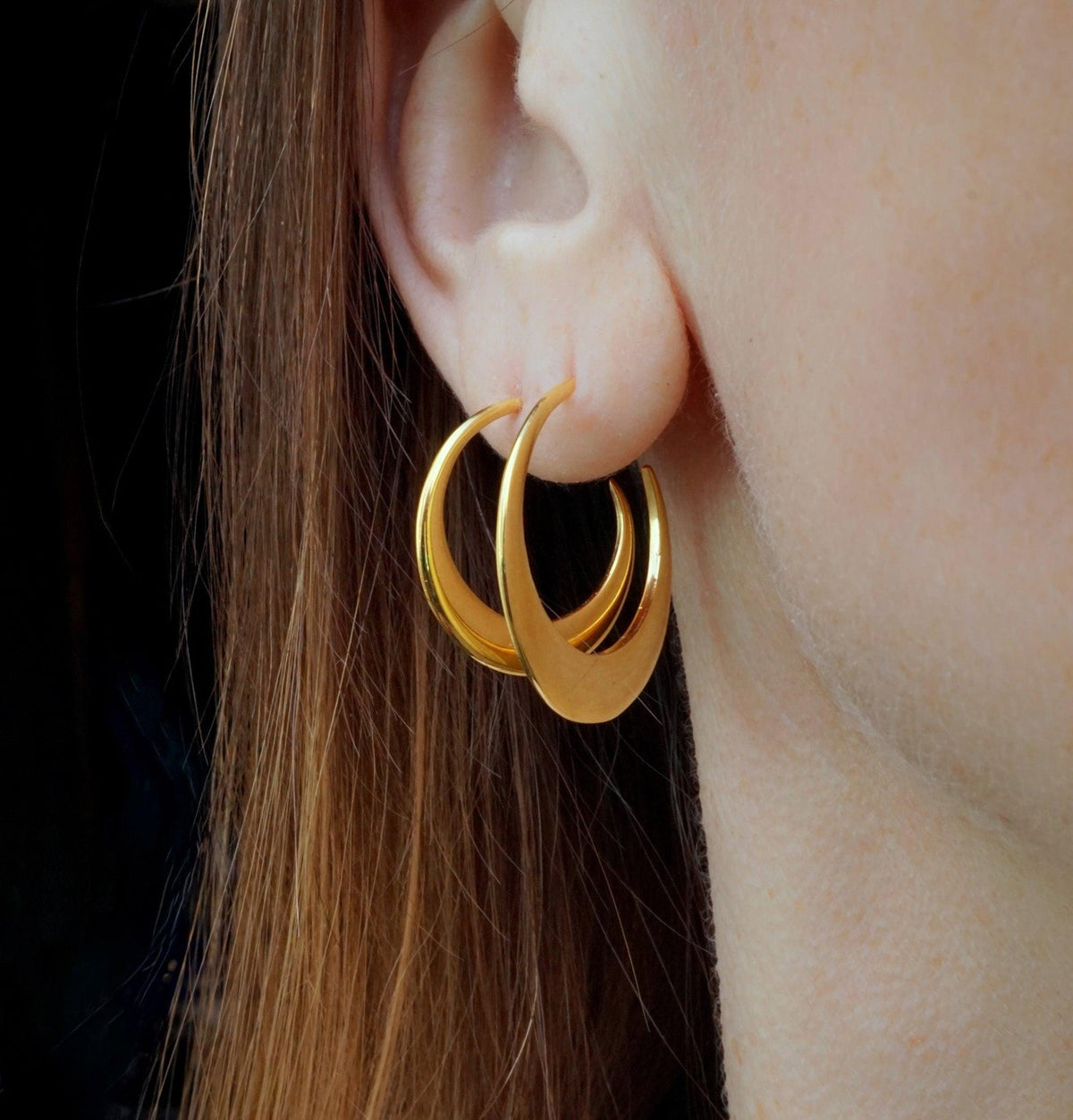 Crescent Moon Hoop Earrings Set – Double Piercing, Sterling Silver or Thick 18K Gold Plated