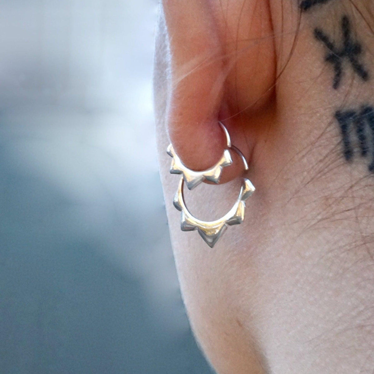 Gold Hoops Two Sets - Flower petal Sleeper Earrings  9mm, 14mm -  Artisan Brass w/ Silver Hoops (276B, 278B)