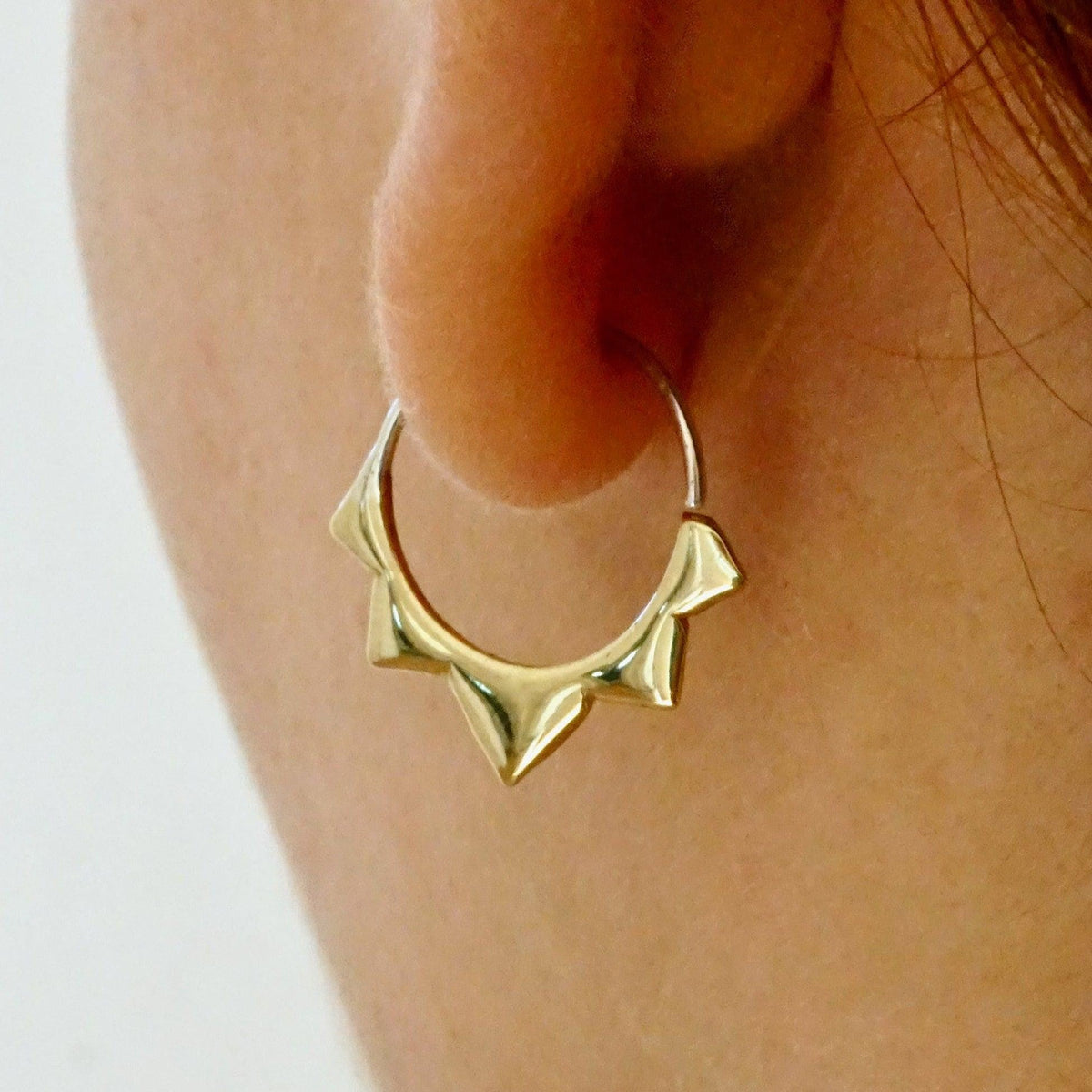 Gold Hoops 14mm - Flower petal Sleeper Earrings - Artisan Brass w/ Silver Hoops (276B)