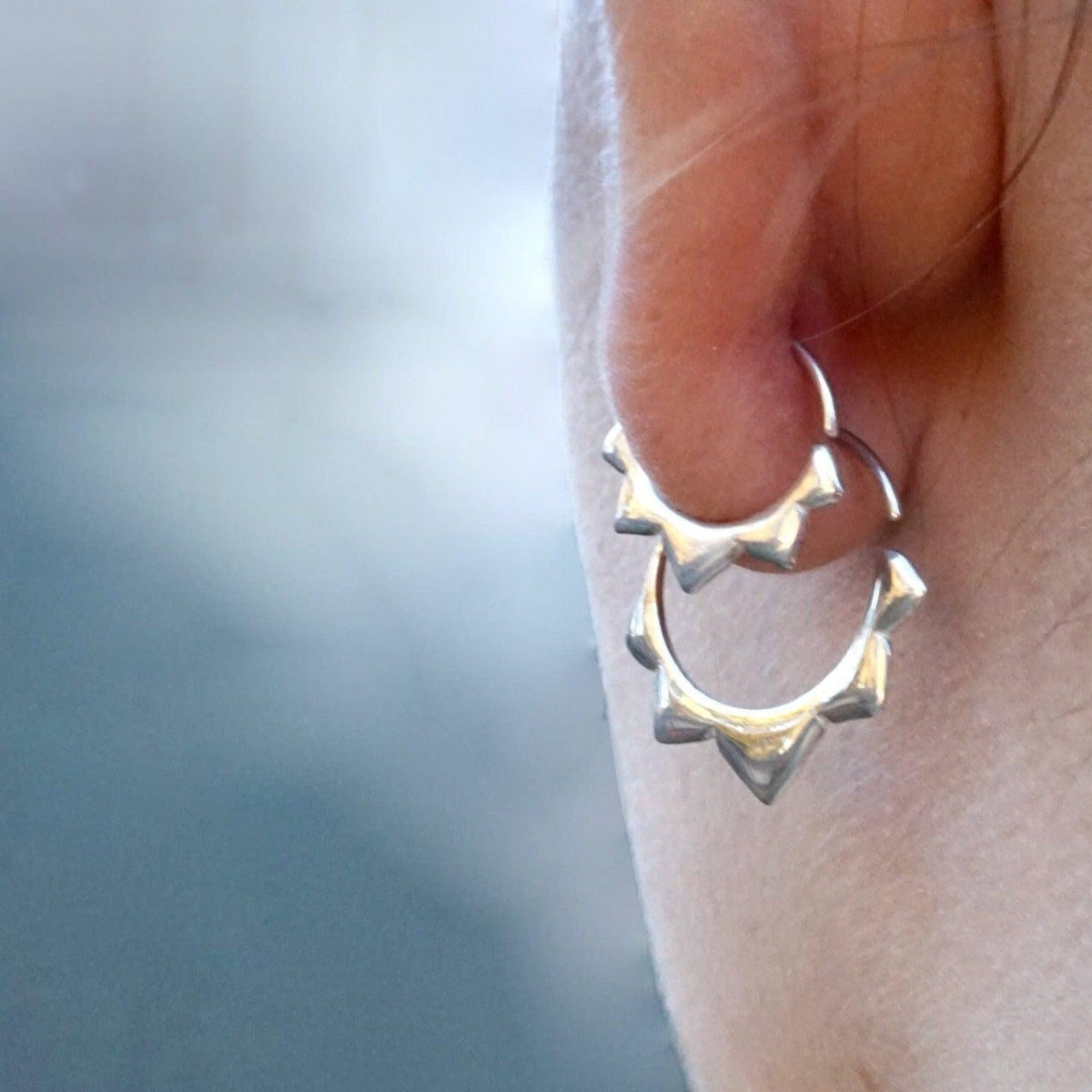 Gold Hoops 14mm - Flower petal Sleeper Earrings - Artisan Brass w/ Silver Hoops (276B)