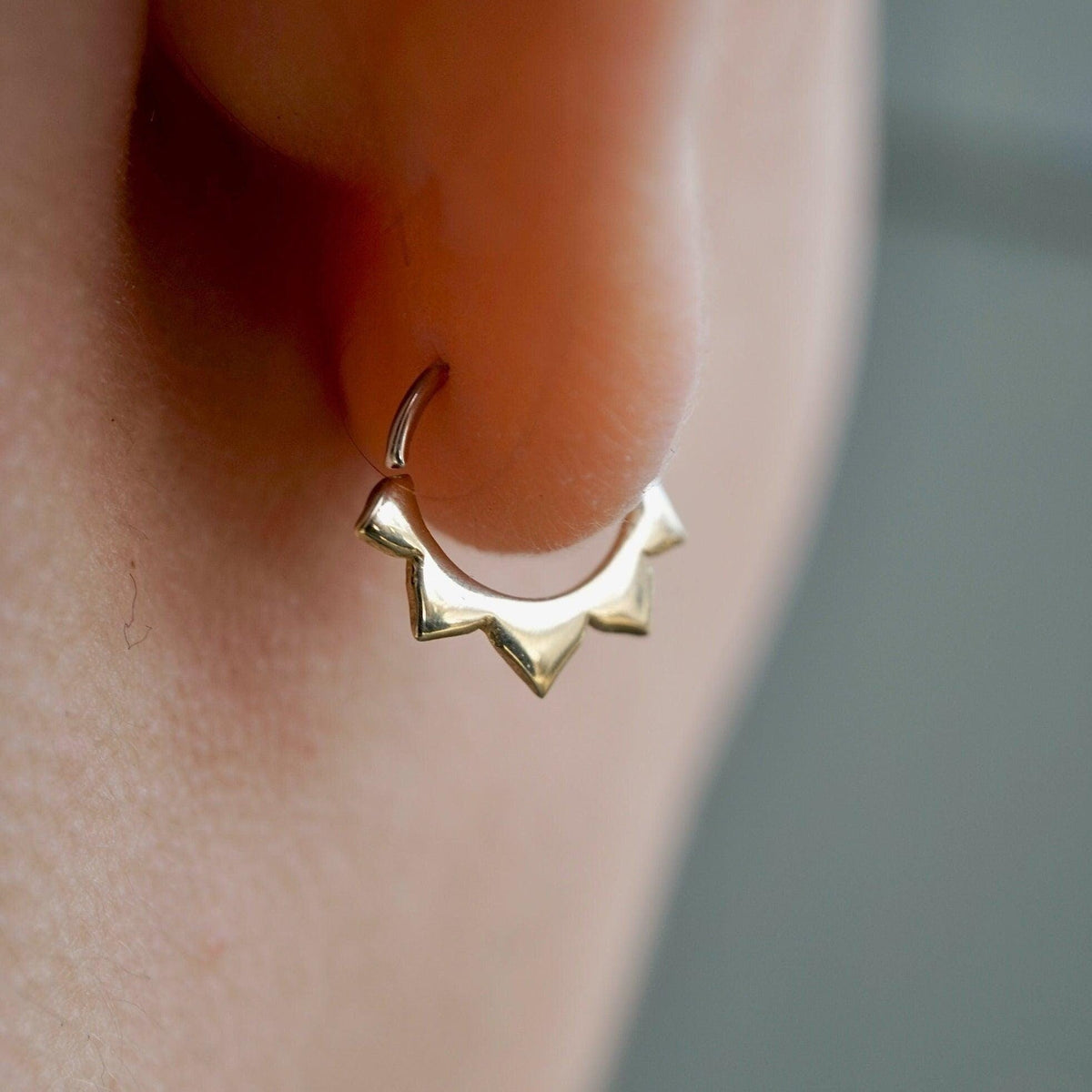 Tiny Sunflower 9mm Petal Sleeper Hoops - Cartilage, helix, daith, septum piercing - Artisan Brass w/ Silver Hoops (278B)