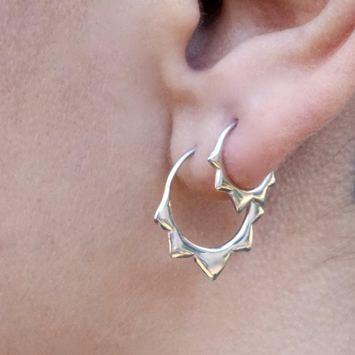 Gold Hoops Two Sets - Flower petal Sleeper Earrings  9mm, 14mm -  Artisan Brass w/ Silver Hoops (276B, 278B)