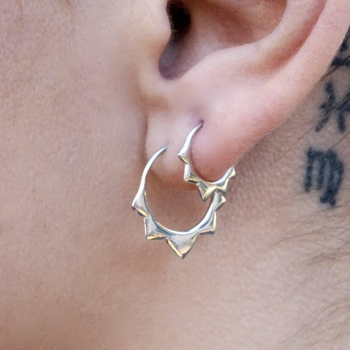 Gold Hoops Two Sets - Flower petal Sleeper Earrings  9mm, 14mm -  Artisan Brass w/ Silver Hoops (276B, 278B)