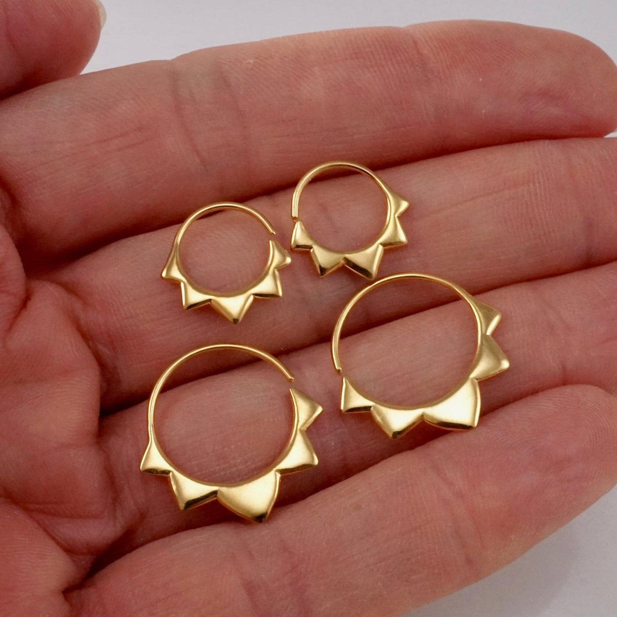 Gold Hoops 14mm - Flower petal Sleeper Earrings - Artisan Brass w/ Silver Hoops (276B, 278B)