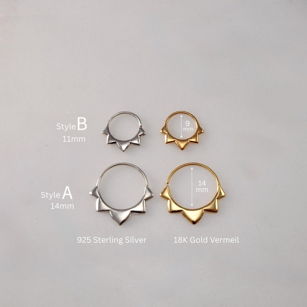 Gold Hoops 14mm - Flower petal Sleeper Earrings - Artisan Brass w/ Silver Hoops (276B, 278B)