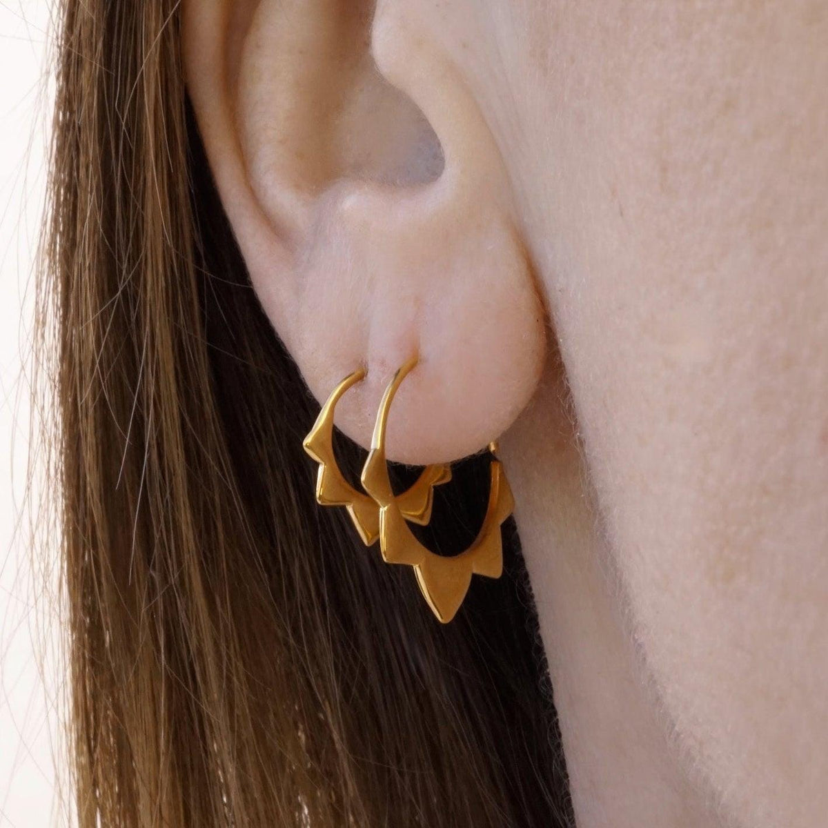 Gold Hoops 14mm - Flower petal Sleeper Earrings - Artisan Brass w/ Silver Hoops (276B, 278B)