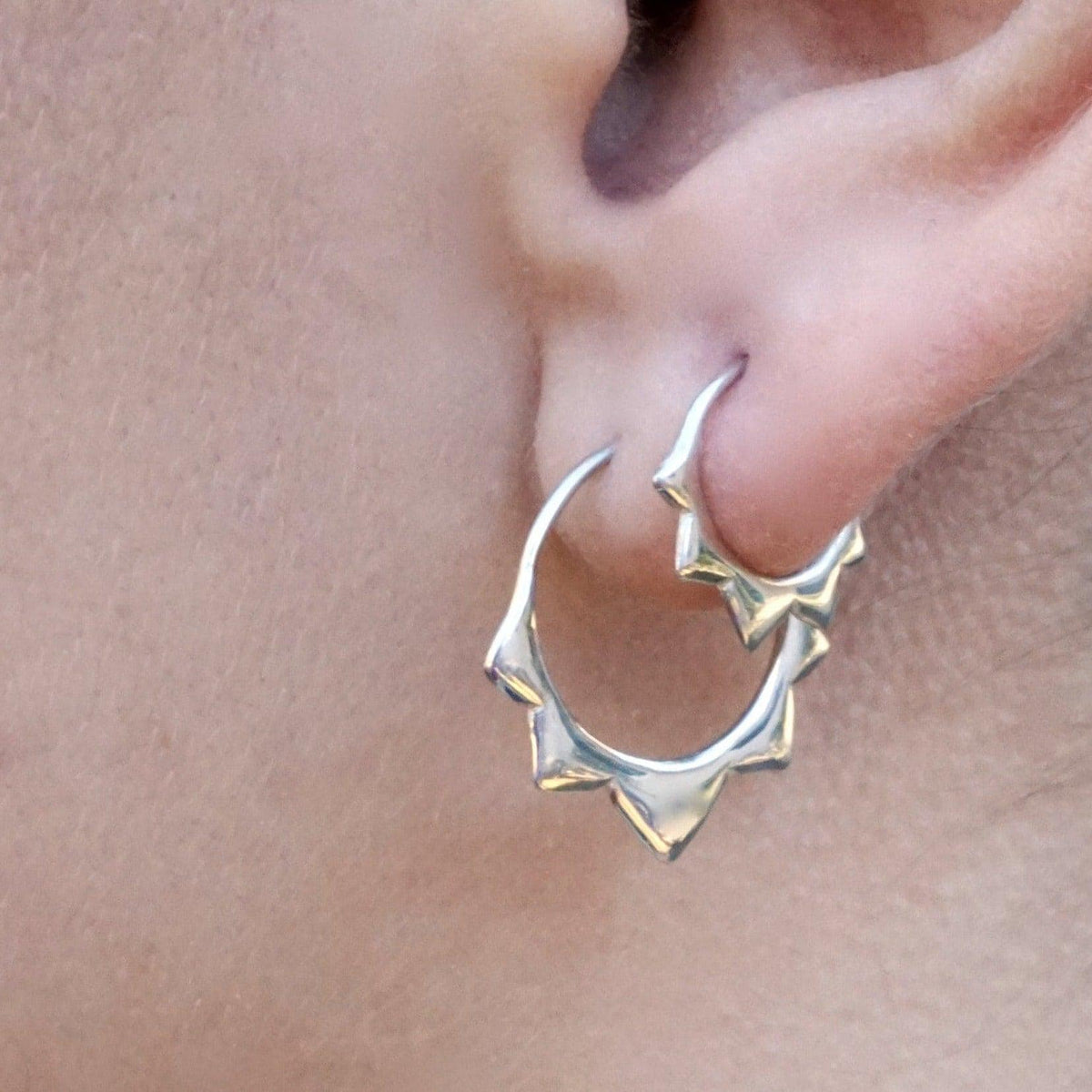 Gold Hoops 14mm - Flower petal Sleeper Earrings - Artisan Brass w/ Silver Hoops (276B)