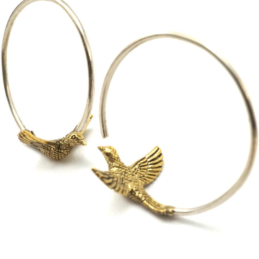Small Bird Hoop Earrings -  Love birds - Gift for Birder (156B)