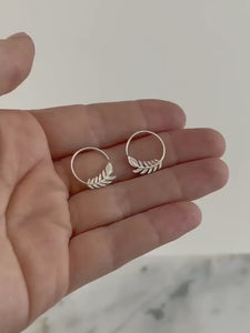 Tiny Leaf Hoop Earrings - Nature Jewelry - 14mm Olive Leaf Huggies