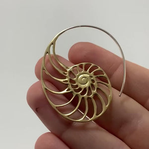Ammonite Earrings - Fibonacci Spiral Nautilus Shell Earrings - Seashell Tribal Brass Ocean Jewelry
