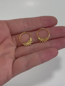 Tiny Leaf Hoop Earrings - Gold & Sterling Silver - 14mm Olive Leaf Sleeper Hoops  (232GP)