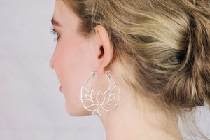 Lotus Earrings - Solid Sterling Hoops - Statement Flower Earrings - Medium  (102S)