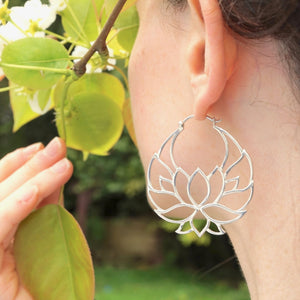 Lotus Earrings - Solid Sterling Hoops - Statement Flower Earrings - Medium  (102S)