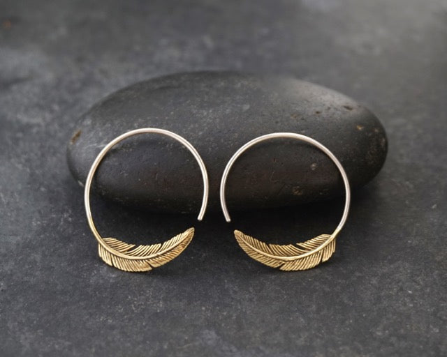 Small Silver Feather Hoop Earrings - Solid Sterling Silver - Gift For Her (S96)