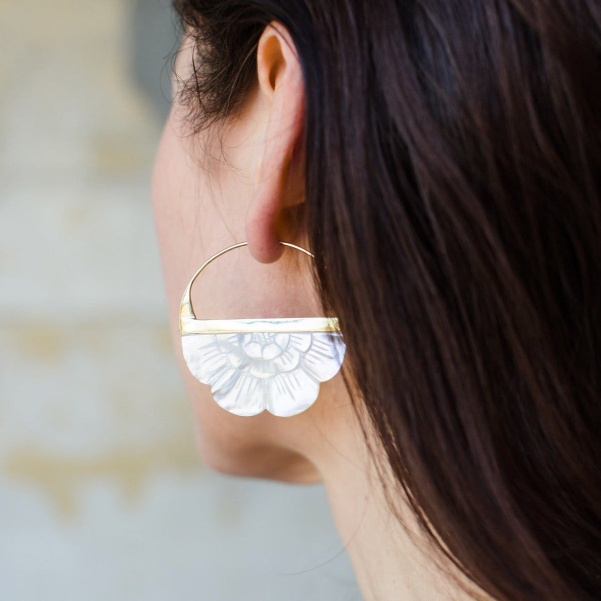 Boho Flower Hoop Earrings in Mother of Pearl - Brass Large