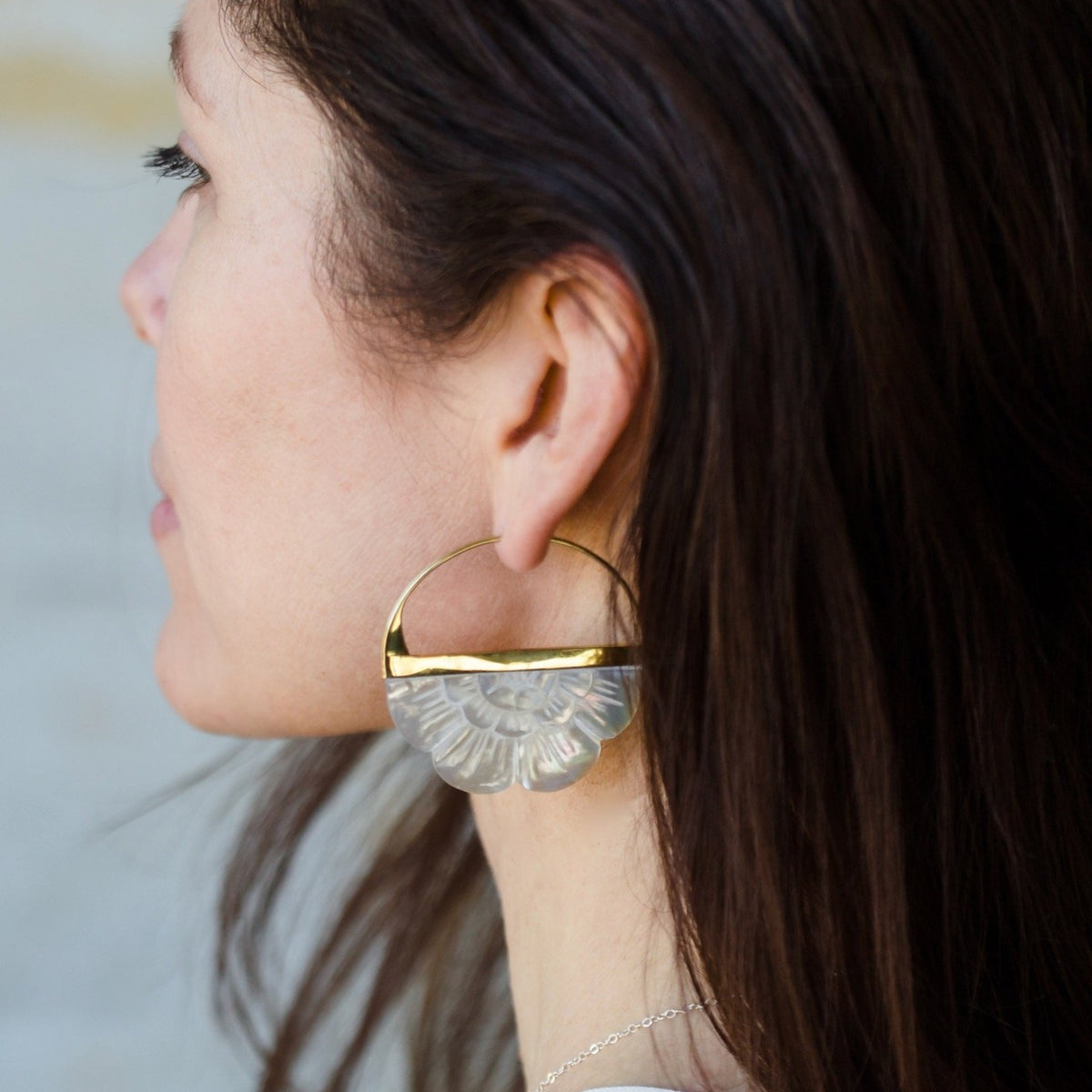 Boho Flower Hoop Earrings in Mother of Pearl - Brass Large