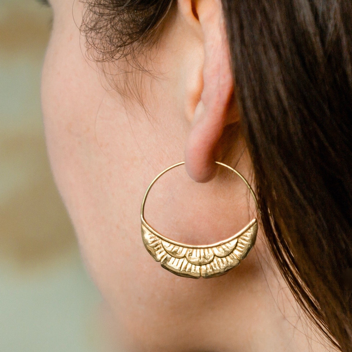 Medium Hoop Art Nouveau Gold Tone | Crescent Moon Flower Earrings (238B)