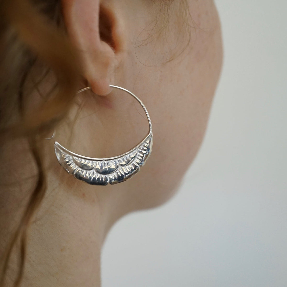 Sterling Silver Hoops • Crescent moon flower Earrings • Medium Statement Earrings (238)