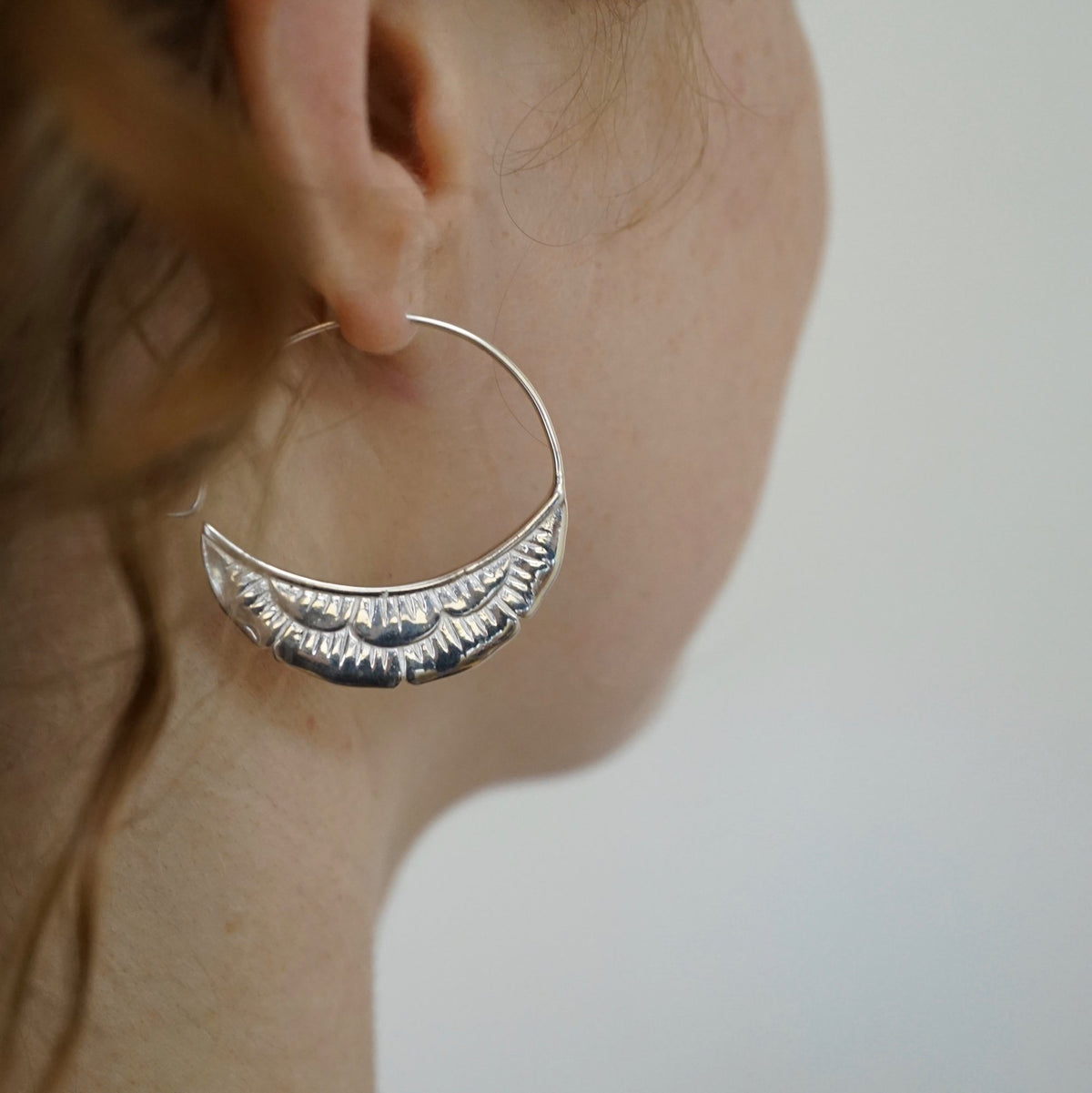 Medium Hoop Art Nouveau Gold Tone | Crescent Moon Flower Earrings (238B)