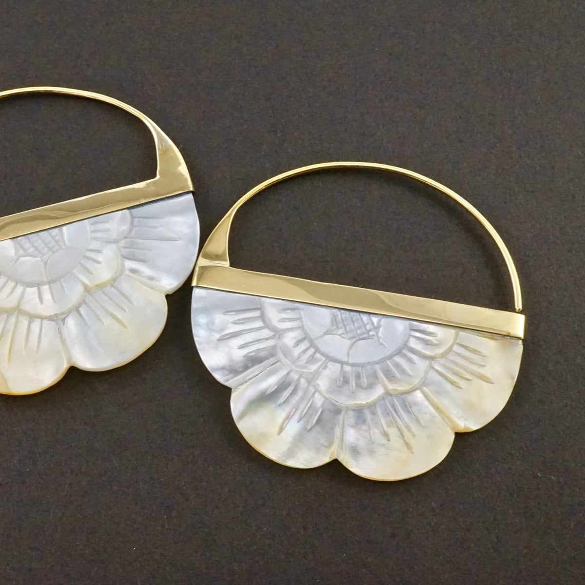 Boho Flower Hoop Earrings in Mother of Pearl - Brass Large