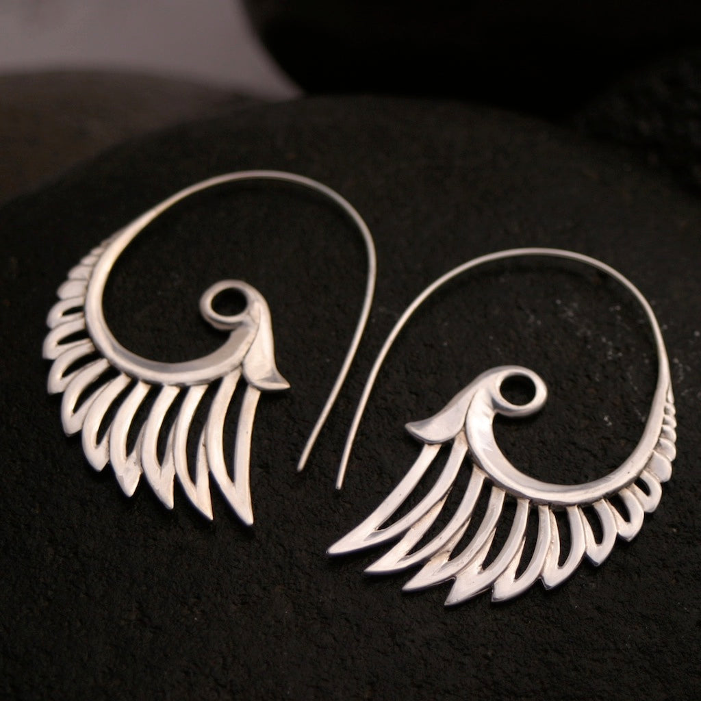 Large Feather Earrings - Silver - Statement Earrings - Bohemian earrings - Goddess