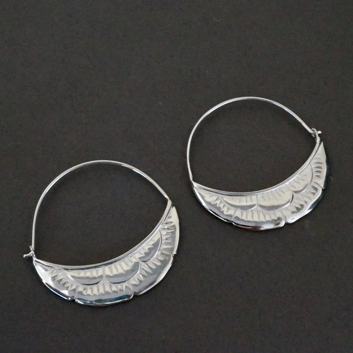 Medium Hoop Art Nouveau Gold Tone | Crescent Moon Flower Earrings (238B)