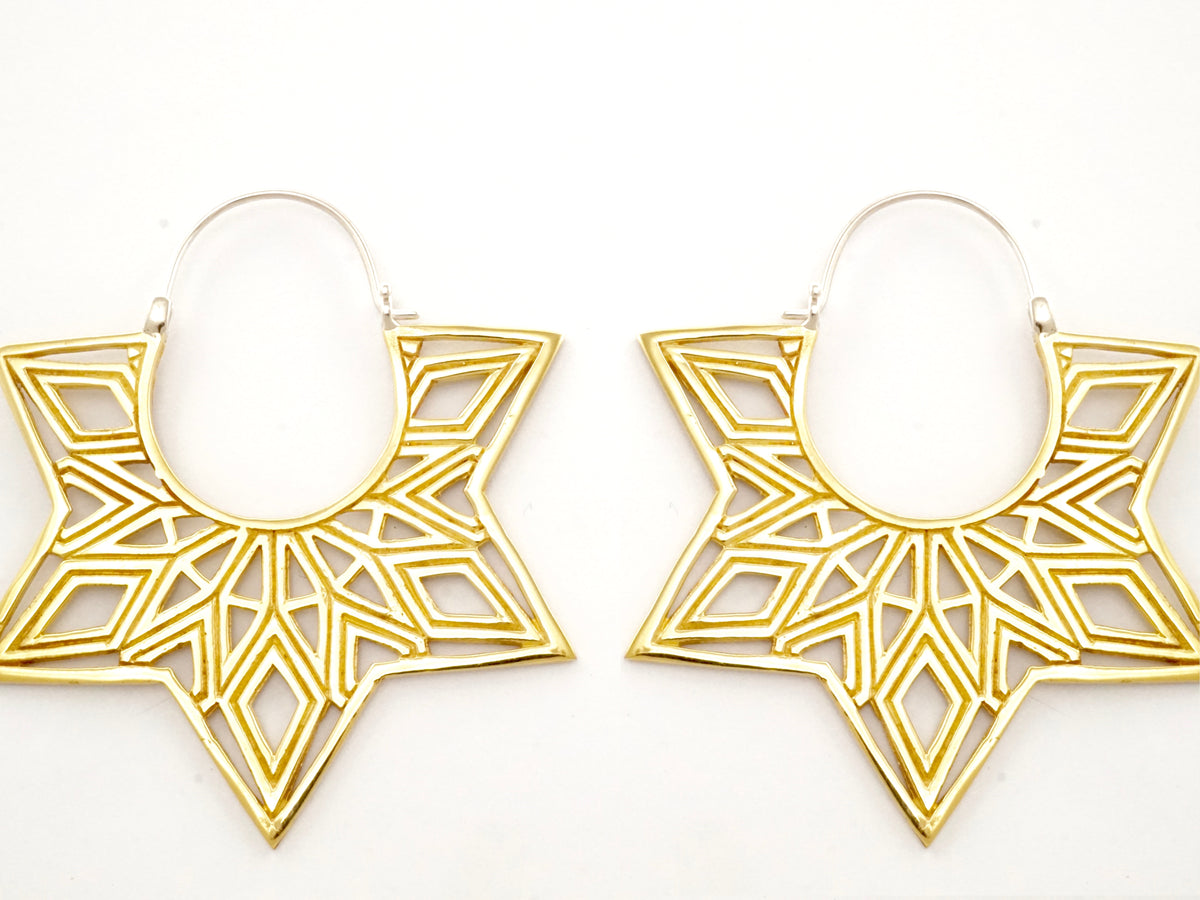 Mandala Earrings - Large Brass Hoops - Star Earrings - Tunnel Earrings - Gold Star - Boho Hoops (140B)