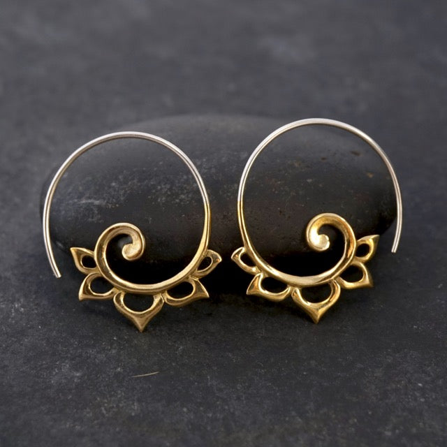Spiral Earrings - Gold-tone Lotus Tribal Spirals - Medium with Sterling Silver ear-wires (130B)
