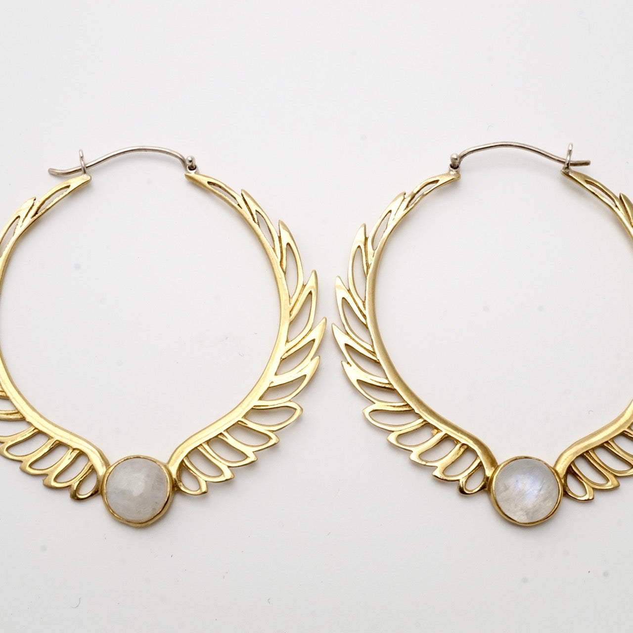 Feather Earrings - Rainbow Moonstone Earrings - Large Tribal Hoops Earrings - Moon Goddess Earrings - Wing Earrings (170B)