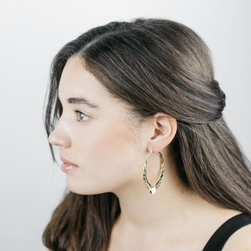 Feather Moonstone Hoop Earrings - Rainbow moonstone - Birthstone earrings - Aurora Brass