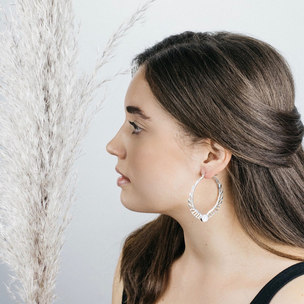 Feather Earrings - Rainbow Moonstone Earrings - Large Tribal Hoops Earrings - Moon Goddess Earrings - Wing Earrings (170B)